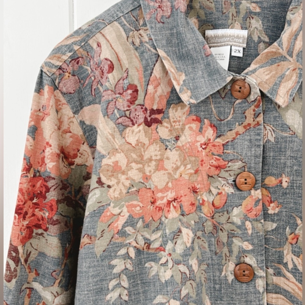 Coldwater Creek Canvas 100% Cotton Floral Jacket Muted Colorful Coastal 2X - Picture 8 of 12